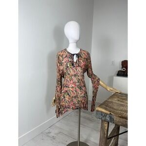 Revue Womens Large Paisley Print Rayon Tunic Top Pink Yellow Split Neck Tie Boho